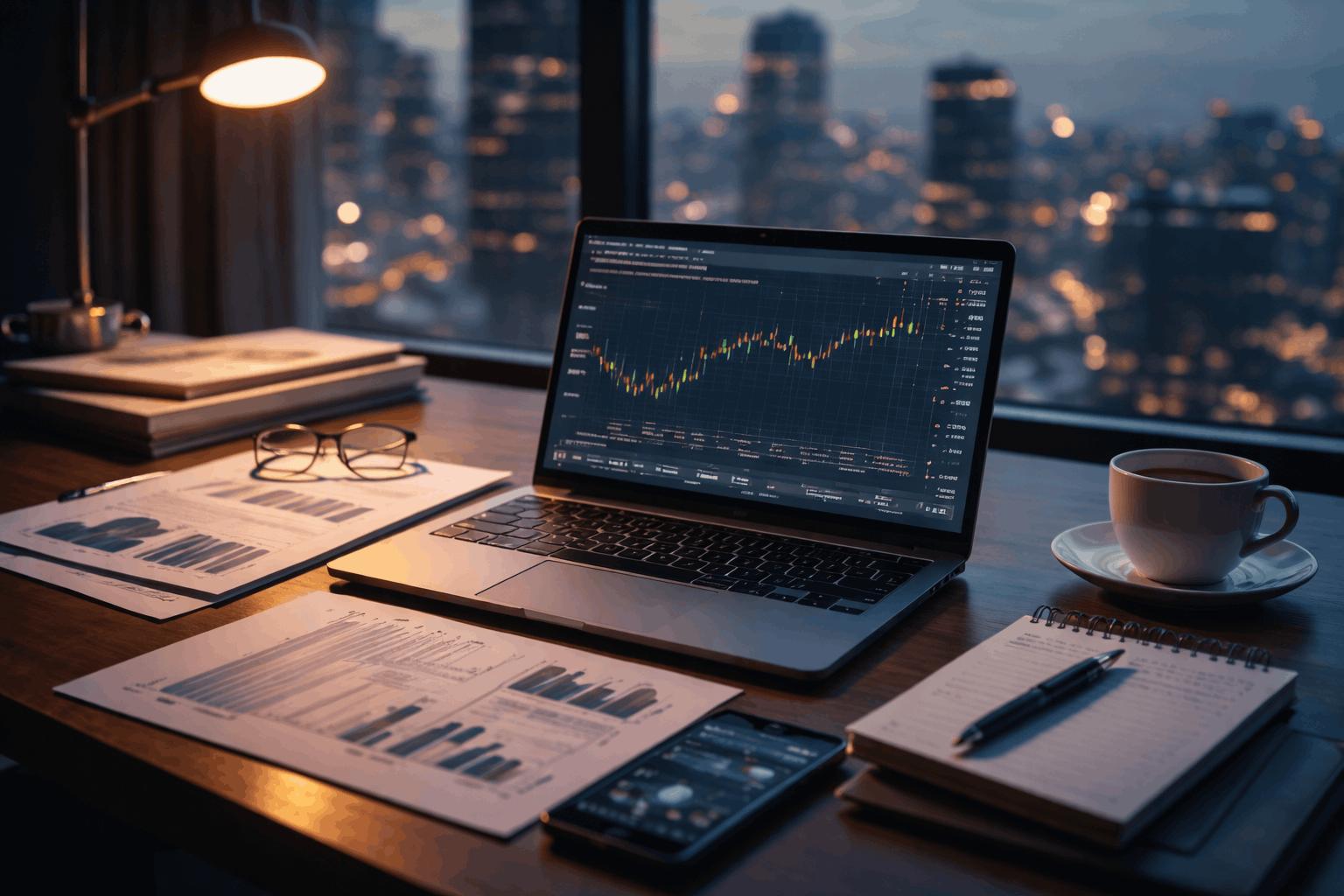 A warm, professional workspace set up for pre-earnings stock analysis, with a laptop displaying market charts on a clean wooden desk surrounded by printed financial reports, a notebook, glasses, a smartphone, and a cup of coffee, with a softly blurred city skyline glowing in the background.