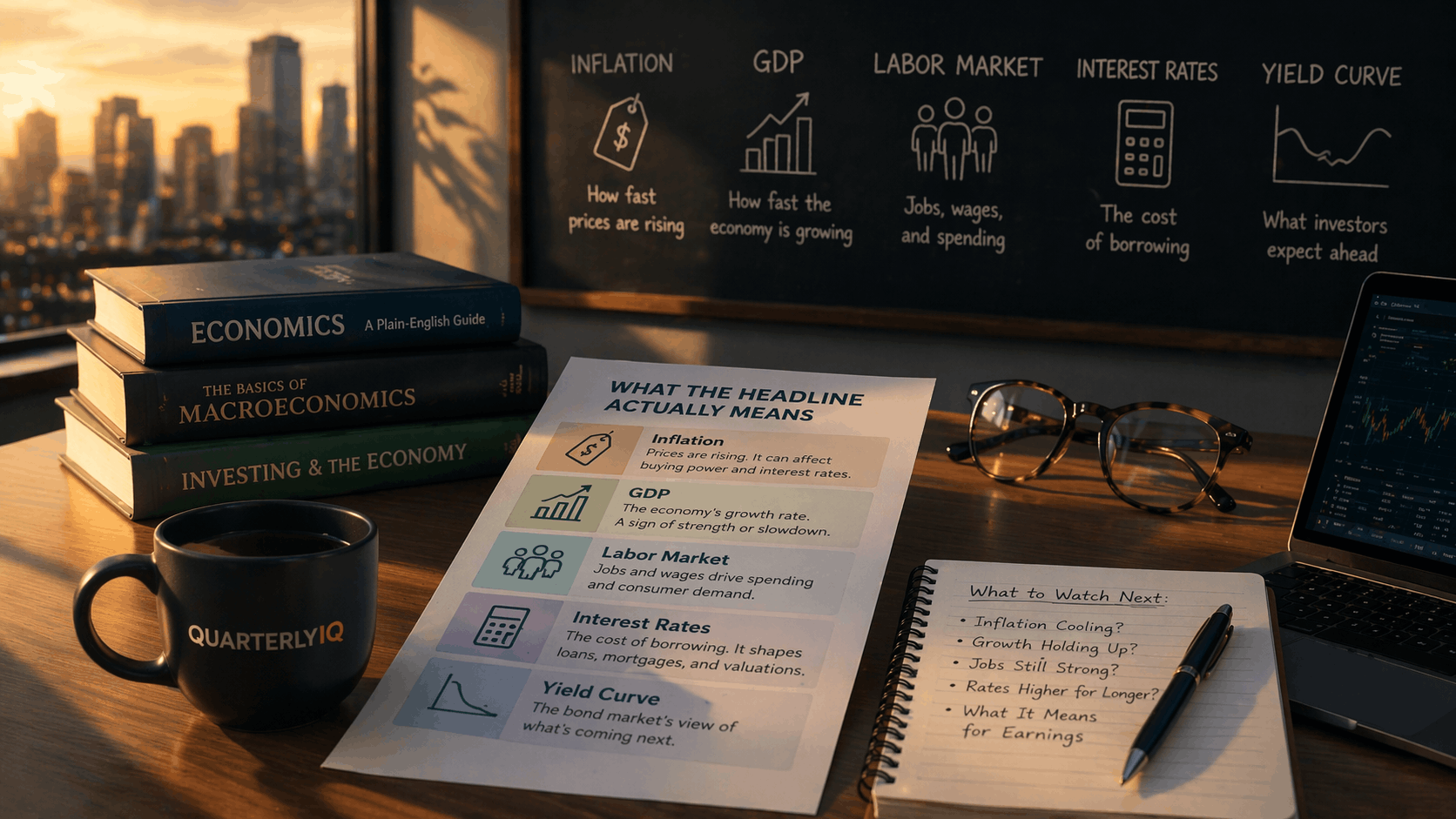 A warm, editorial-style economics workspace with books, coffee, glasses, a notebook, and a printed plain-English guide explaining inflation, GDP, the labor market, interest rates, and the yield curve, set against a softly lit city skyline and chalkboard background.