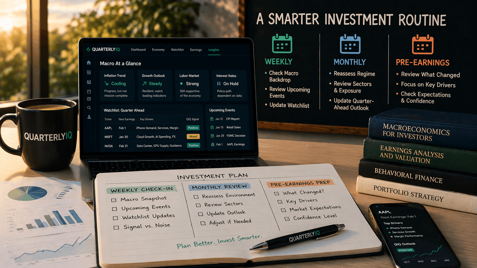 A warm, professional investment-planning workspace with a laptop showing a financial dashboard, a notebook outlining weekly, monthly, and pre-earnings routines, a coffee mug, charts, books, and a smartphone, all arranged to reflect a calm, structured investing process.